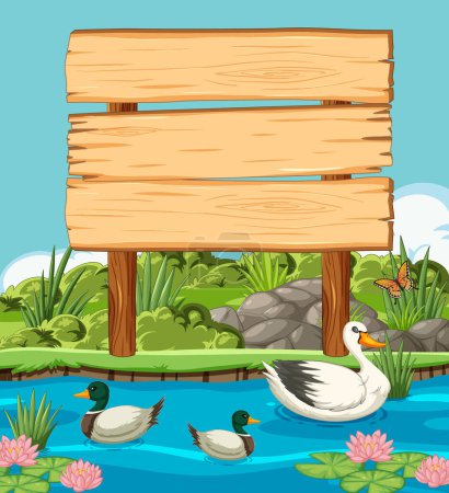 Téléchargez les illustrations : Canards et papillons près d'un étang avec enseigne vide. - en licence libre de droit