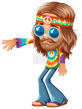 Téléchargez les illustrations : Hippie dessin animé avec signe de paix et lunettes de soleil. - en licence libre de droit