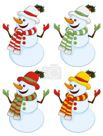 Téléchargez les illustrations : Quatre bonhommes de neige joyeux vêtus d'accessoires de vacances. - en licence libre de droit