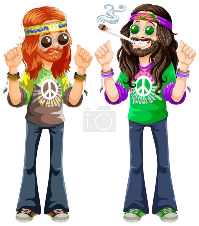 Ilustración de Dos hippies de dibujos animados con símbolos de paz y articulación. - Imagen libre de derechos