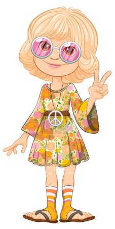 Illustration for Cartoon hippie girl with peace sign and sunglasses. - Royalty Free Image