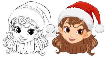 Téléchargez les illustrations : Illustration vectorielle de fille avec chapeau de Père Noël, art coloré et ligne. - en licence libre de droit