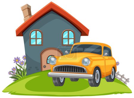 Illustration for Colorful vector of a house and classic car - Royalty Free Image