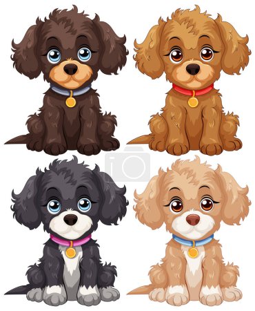 Cuatro lindos cachorros vector con collares de colores