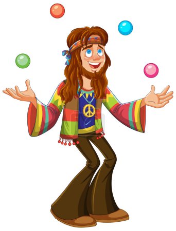 Dessin animé hippie jonglant boules colorées, souriant joyeusement.