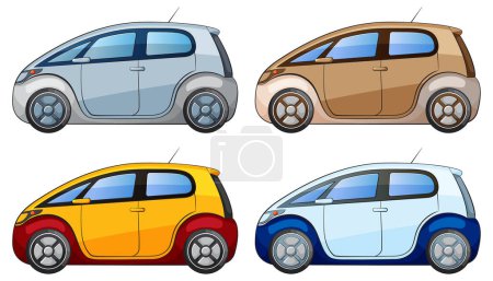 Ilustración de Cuatro ilustraciones vectoriales estilizadas de coches compactos. - Imagen libre de derechos