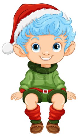 Cartoon elf in Christmas attire smiling cheerfully.