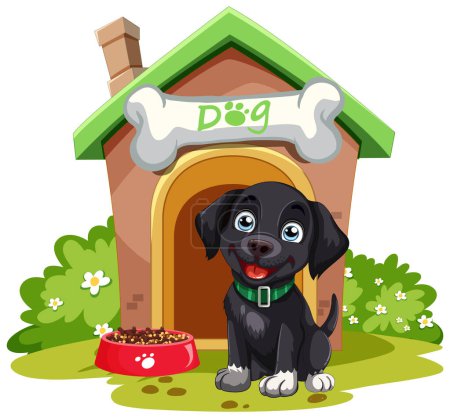 A cheerful puppy sitting outside its doghouse.
