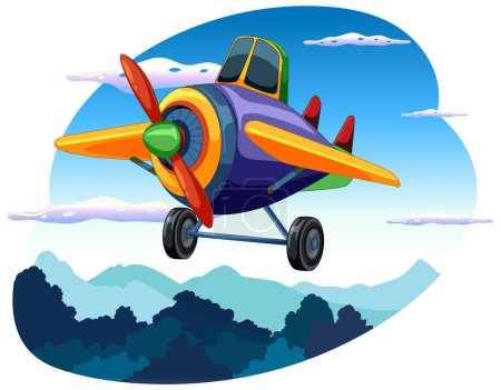 Téléchargez les illustrations : Avion de bande dessinée volant au-dessus du paysage montagneux pittoresque - en licence libre de droit