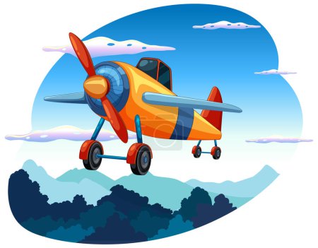 Téléchargez les illustrations : Avion coloré à l'ancienne volant dans un ciel nuageux - en licence libre de droit