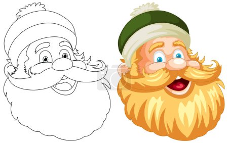Black and white and colored Santa illustrations side by side.