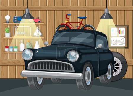 Téléchargez les illustrations : Voiture classique et vélo stockés dans un garage en bois - en licence libre de droit