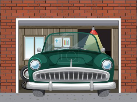 Téléchargez les photos : Voiture verte classique dans un garage résidentiel - en image libre de droit