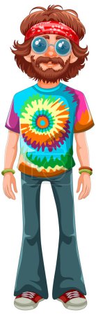 Ilustración vectorial colorida de un hippie de 1970.