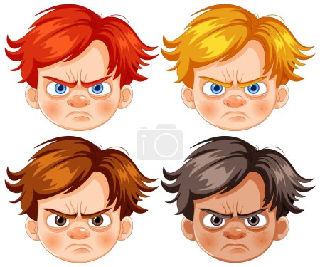 Cuatro chicos de dibujos animados con varias expresiones enojadas.