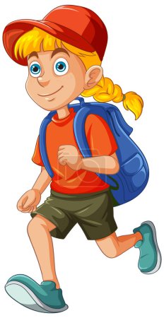Illustration for Animated girl walking with a backpack and a smile. - Royalty Free Image