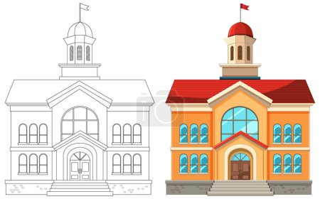 Ilustración de Dos edificios escolares estilizados, uno tradicional, uno moderno. - Imagen libre de derechos