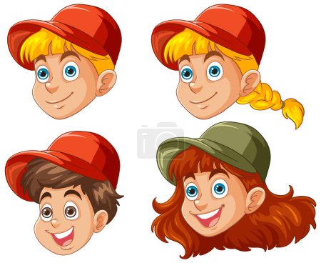 Téléchargez les illustrations : Quatre dessins animés visages d'enfants avec des expressions différentes. - en licence libre de droit