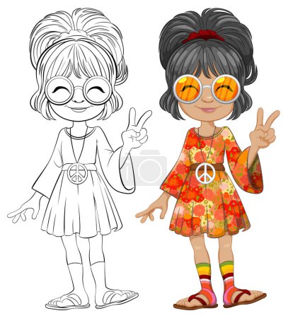 Illustration for Two girls in vintage clothes showing peace signs. - Royalty Free Image