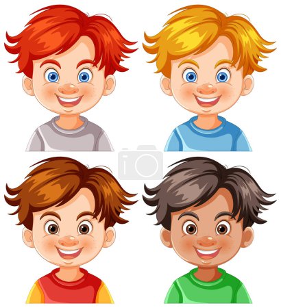 Téléchargez les illustrations : Quatre garçons de bande dessinée souriant avec différentes coiffures - en licence libre de droit