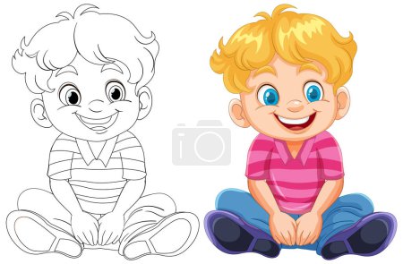 Illustration for Black and white sketch and colored illustration of a boy - Royalty Free Image