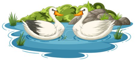 Illustration for Two swans floating gracefully on tranquil water. - Royalty Free Image