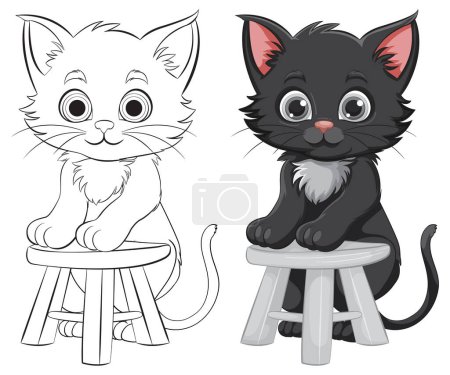 Ilustración de Dos adorables gatitos de dibujos animados sentados en taburetes - Imagen libre de derechos