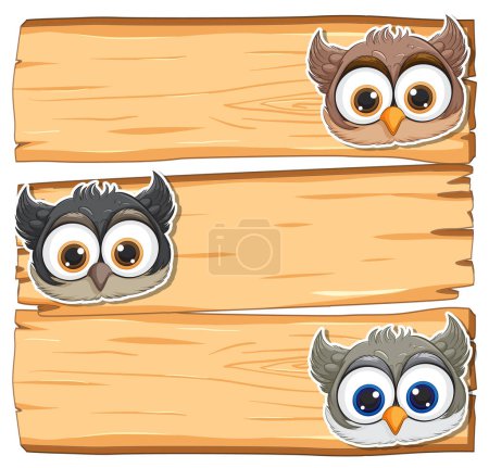 Illustration for Three cartoon owls perched on wooden planks - Royalty Free Image