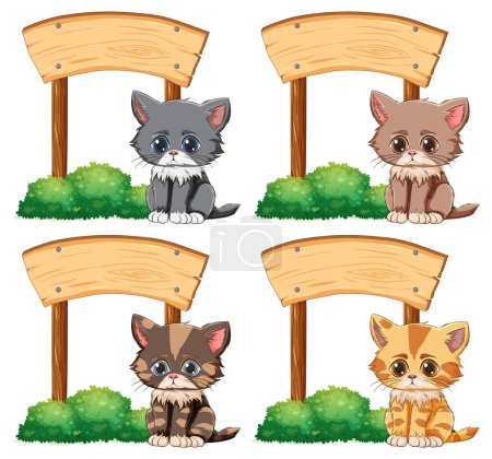 Téléchargez les illustrations : Quatre chatons mignons assis à côté de panneaux indicateurs vides. - en licence libre de droit