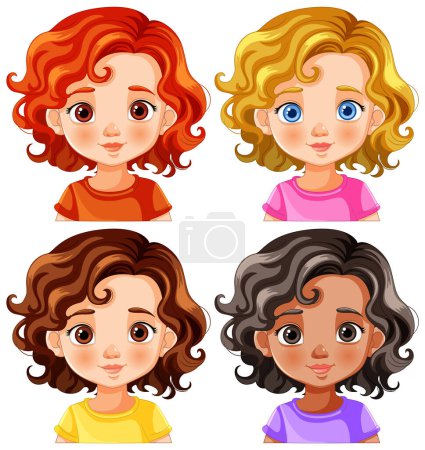 Téléchargez les illustrations : Portraits vectoriels colorés de quatre jeunes filles - en licence libre de droit
