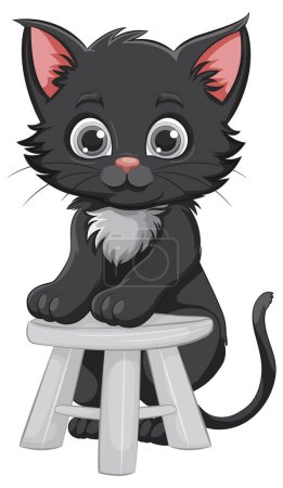 Cute black kitten sitting on a white stool.