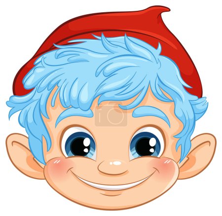 Cartoon illustration of a smiling elf with blue hair.