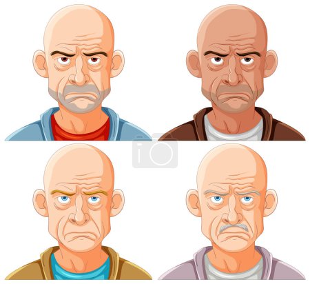 Cuatro ilustraciones vectoriales de un hombre con diferentes ceños fruncidos.