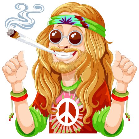Illustration for Cartoon hippie with peace sign and smoking joint. - Royalty Free Image
