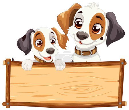 Illustration for Two cartoon dogs with a wooden banner. - Royalty Free Image