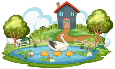 Téléchargez les illustrations : Canard mère avec des canetons nageant dans un étang - en licence libre de droit