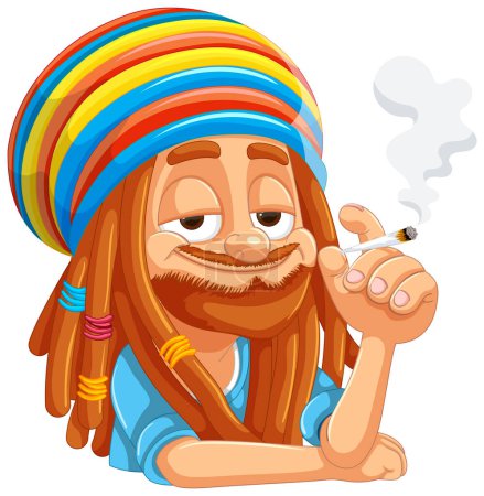 Cartoon Rastafarian with joint, relaxed and smiling.