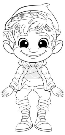 Dibujo en blanco y negro de un niño elfo feliz.