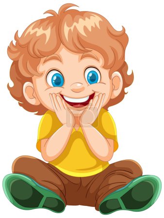 Téléchargez les illustrations : Gai garçon dessin animé assis avec une expression joyeuse - en licence libre de droit