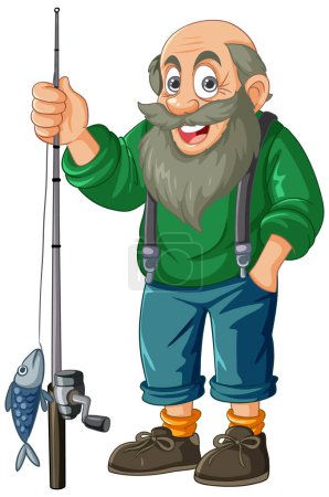 Ilustración de Viejo alegre sosteniendo orgullosamente una caña de pescar. - Imagen libre de derechos