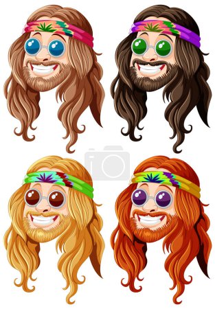 Téléchargez les illustrations : Quatre illustrations colorées et souriantes de personnages hippies. - en licence libre de droit