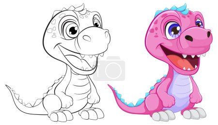 Illustration for Black and white and colored cartoon dinosaur illustrations - Royalty Free Image
