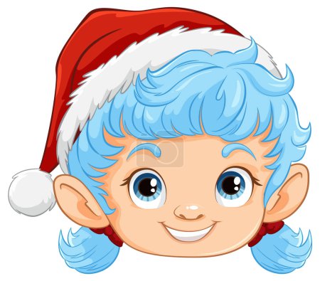 "Smiling elf character wearing a red Santa hat."