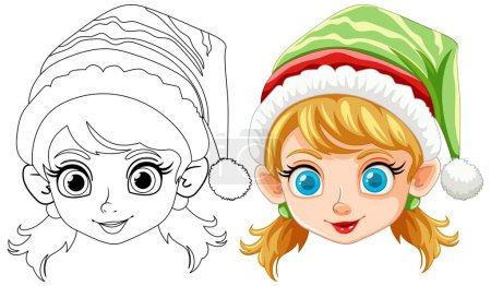 Colorful and outlined elf girl with Christmas hat.