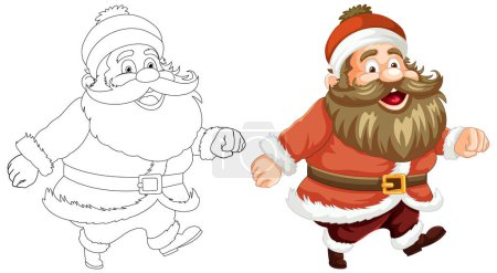 Black and white and colored Santa illustrations side by side.