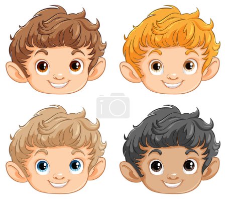 Téléchargez les illustrations : Quatre garçons de dessin animé avec différentes couleurs de cheveux. - en licence libre de droit