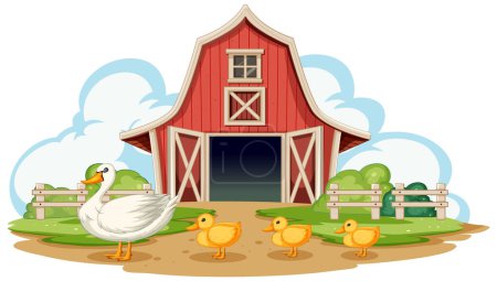 Une famille de canards devant une grange rouge