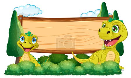 Illustration for Two cartoon dinosaurs beside an empty wooden sign. - Royalty Free Image