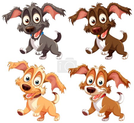 Ilustración de Cuatro perros animados juguetones mostrando diferentes emociones. - Imagen libre de derechos