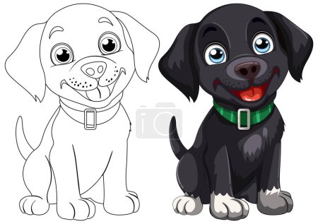 Dos perros de dibujos animados sonriendo con collares coloridos